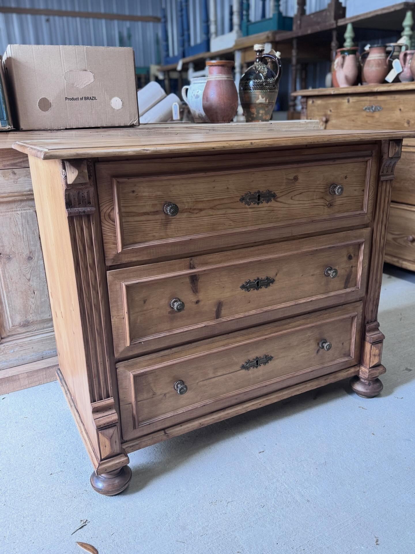 ✨Highlighting✨ one of our favorite pieces off the latest container. Available to shop in-store only. 

European antique pine chest of drawers. Beautiful details and excellent condition. Circa 1890&rsquo;s. 42&rdquo; wide, 21.5&rdquo; deep and 34.5&rd